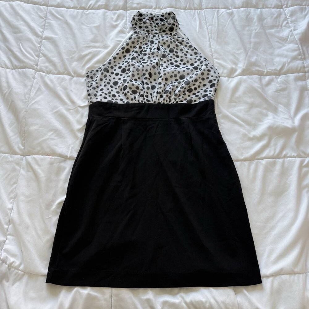 Retro Y2K Polka Dot White Black Midi Halter Dress Womens Size Large Office Work